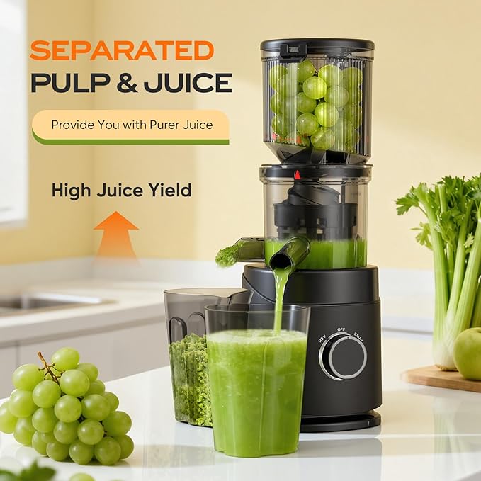 Juicer Machines, 150 Watts Cold Press Juicer with Wide Chute, Slow Masticating Juicers, High Juice Yield for Leafy Greens, Fruits & Vegetables, Easy to Clean
