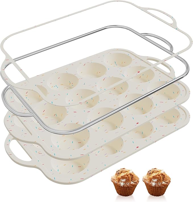 2 Packs 12 Cups Silicone Muffin Pan for Baking with Metal Reinforced Frame Regular Size Cupcake Pan Tray Chocolate Egg Pizza Bites Oven Top Cookie Molds Muffin Tin Tart Pans Sheet Set Bakeware Liner