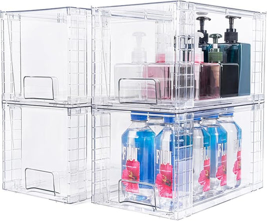 4 Pack Large Stackable Storage Drawers,Clear Acrylic Drawer Organizers with Handles, Easily Assemble for Kitchen Undersink,Bathroom,Cabinet,Makeup,Closet,Pantry,Organization and Storage