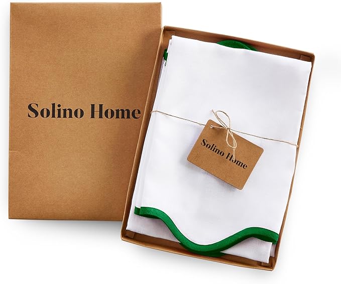 Solino Home Linen Napkins Set of 4-100% Pure Linen Garden Green and White Dinner Napkins Cloth 20 Inch for Thanksgiving, Christmas, Winter - Giselle Scallop Edge, Handcrafted and Machine Washable