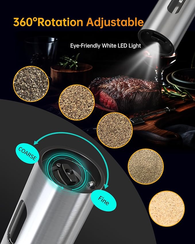 CIRCLE JOY Rechargeable Electric Salt and Pepper Grinder Set Automatic Stainless Steel Pepper Mill Grinders with Charging Base, Adjustable Coarseness, 110ml Container and Bright LED Light, Silver