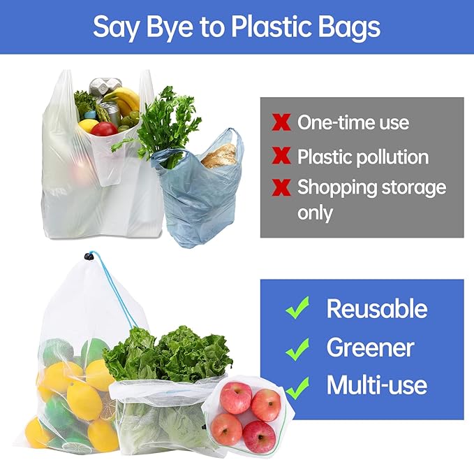 20 Pack Reusable Produce Bags,Mesh Produce Bags Washable,See-Through Vegetables Fruits Bag,Premium Strength Toy Storage Mesh Bags with Drawstring for Fruits Vegetables Fridge Storage Toys,3 Sizes