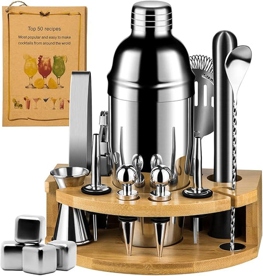 Stainless Steel Cocktail Shaker Set, 24oz/750ml Bartender Kit Includes Strainer and Stir Stick for Home, Bar, Party, Bar Accessories for The Home Bar Set (25oz-17pcs)