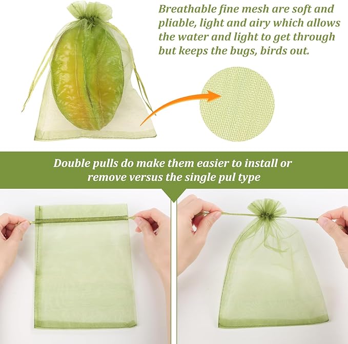 100 Pcs Fruit Protection Netted Bags, 8x12in Mesh Covers for Trees, Green Guards for Grapes & Mango Fruit Trees