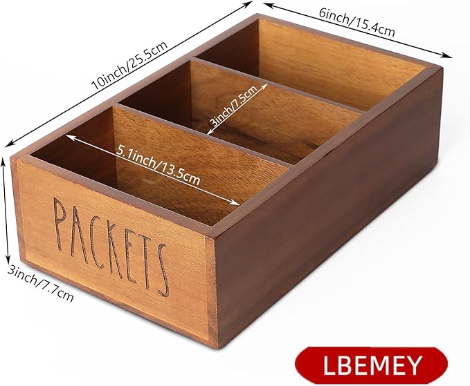 Packet Organizer, Acacia Wood Packet Storage Organizer with 3 Compartments,Farmhouse Kitchen Organization for Spice, Gravy, Taco, and Dressings Packets for Kitchen (Brown Label PACKETS)