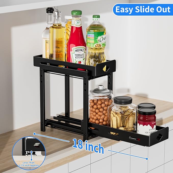 Pull Out Spice Rack Organizer, 2-Tier Vertical Spice Rack, Height Adjustable for Kitchen Cabinet (5.3''Wx10.8''Dx9.2''H, Metal Black)