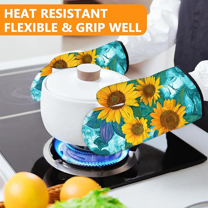 Sunflower Oven Mitts and Pot Holders Sets 4Pcs,Extra Long Oven Gloves Potholder for Kitchen Cooking Baking BBQ 100% Cotton Heat Resistant