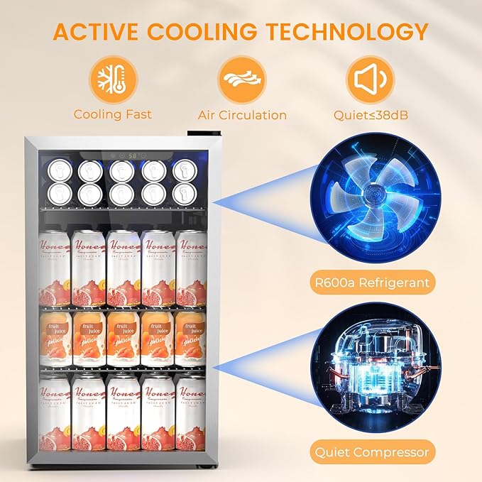 130 Can Beverage Refrigerator Built In Freestanding Wine Fridge with Stainless Steel Reversible Glass Door, Quiet Compressor LED Touch Control for Home Kitchen Bar, 3.2 Cu.ft Silver