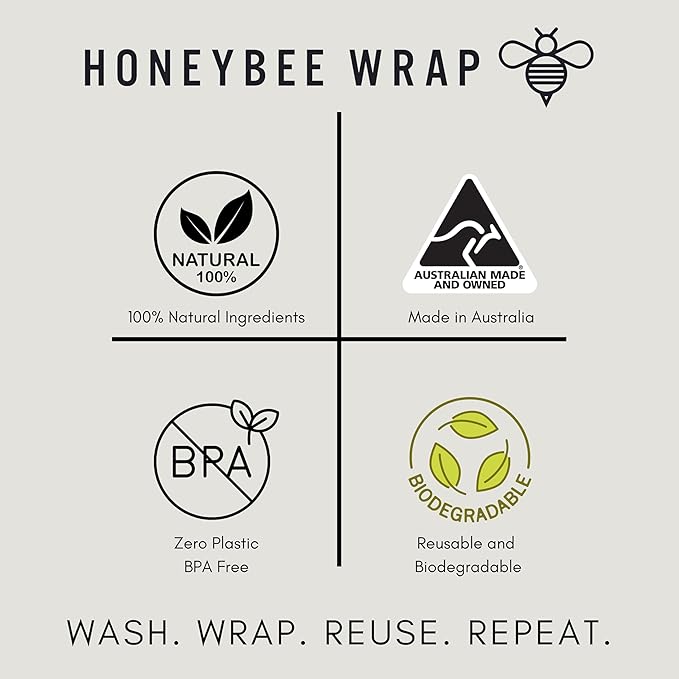 Honeybee Reusable Beeswax Wraps for Food | 5 Pack | Handmade in Australia | Eco Friendly, Organic, Biodegradable, Bee's Wrap for Bowl Covers and Food Storage | Reusable Cling Wrap