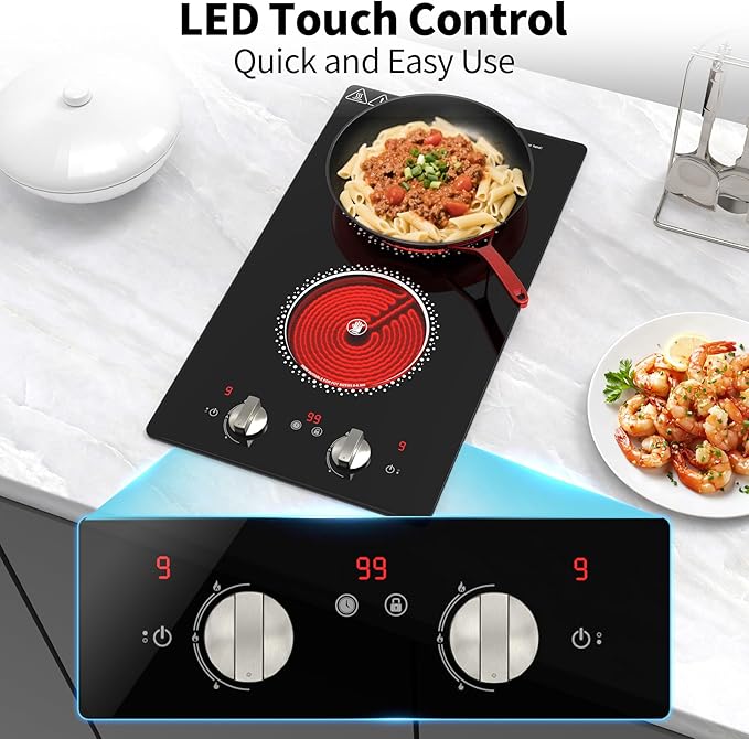 2 Burner Electric Cooktop - 12 Inch Electric Stove Top with Plug, 2100W Countertop Burners & Built-In Stove Top, 9 Levels of Power, Knob Control, Timer & Kid Safety Lock, Residual Heat Warning