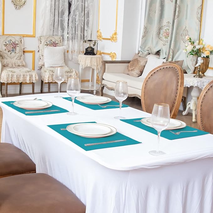 Linen Placemats Set of 8, Machine Washable, Heat Resistant, Wrinkle Free, Thick Polyester Kitchen Place Mats for Dining Table (Teal Blue)