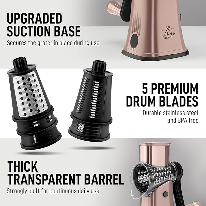 Zulay Kitchen Rotary Cheese Grater 5 Blade Cheese Shredder - Manual Hand Crank Cheese Grater With Reinforced Suction & 5 Interchangeable Drums - Easy to Use, Vegetable Chopper Round Mandoline Slicer