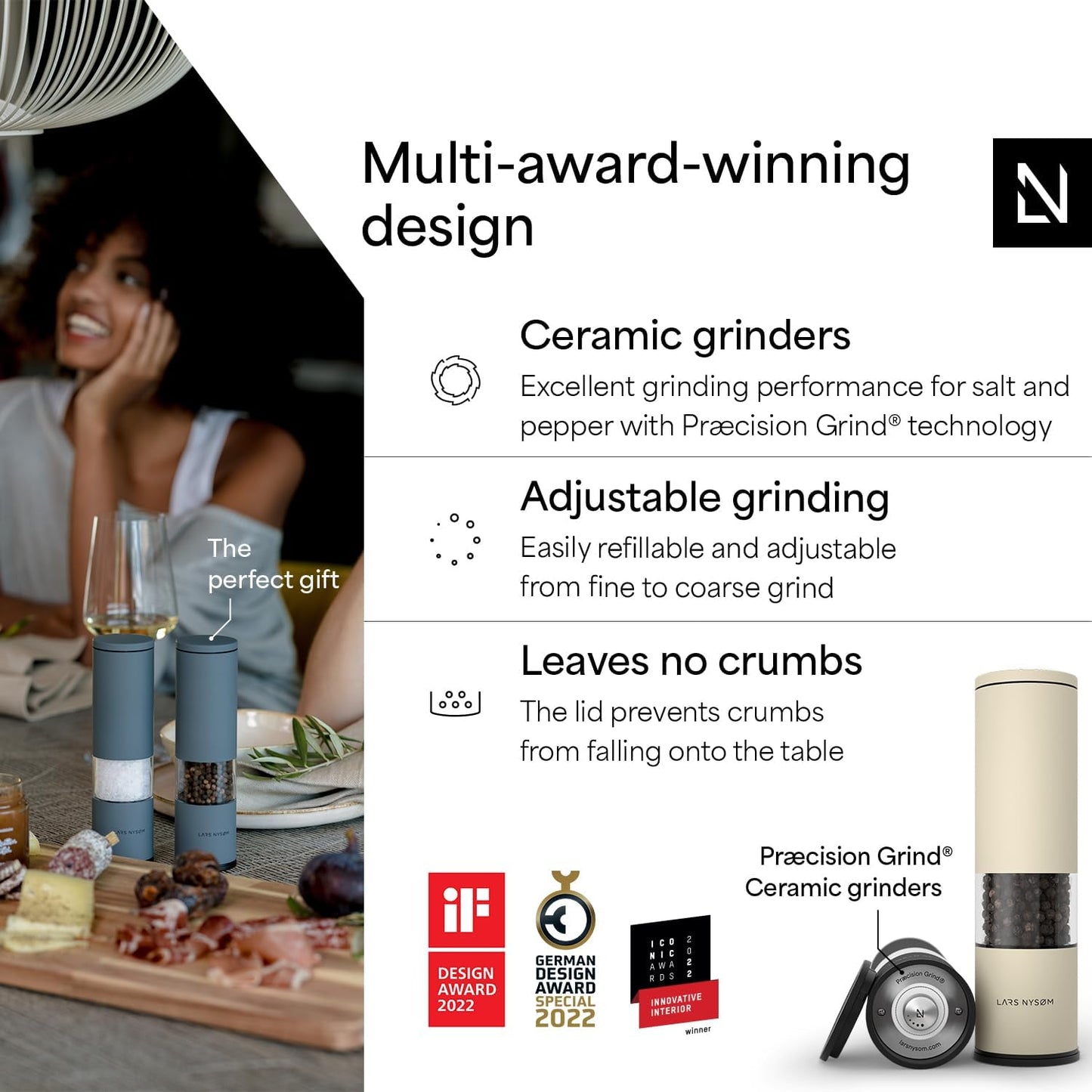 LARS NYSØM Salt and Pepper Grinder Set Manual, Stainless Steel Salt and Pepper Mills with Adjustable Ceramic Grinder I Design Spice Shakers (Black/Beige)