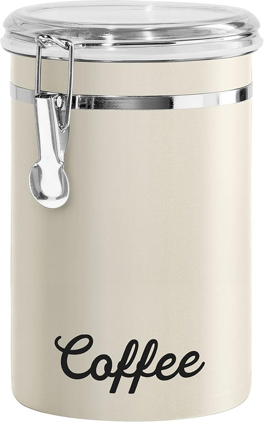Oggi Stainless Steel Coffee Canister 62 fl oz - Airtight Clamp Lid, Warm Gray, Tinted See-Thru Top - Ideal for Coffee Bean Storage, Ground Coffee Storage, Kitchen Storage, Pantry Storage. 5 x 7.5