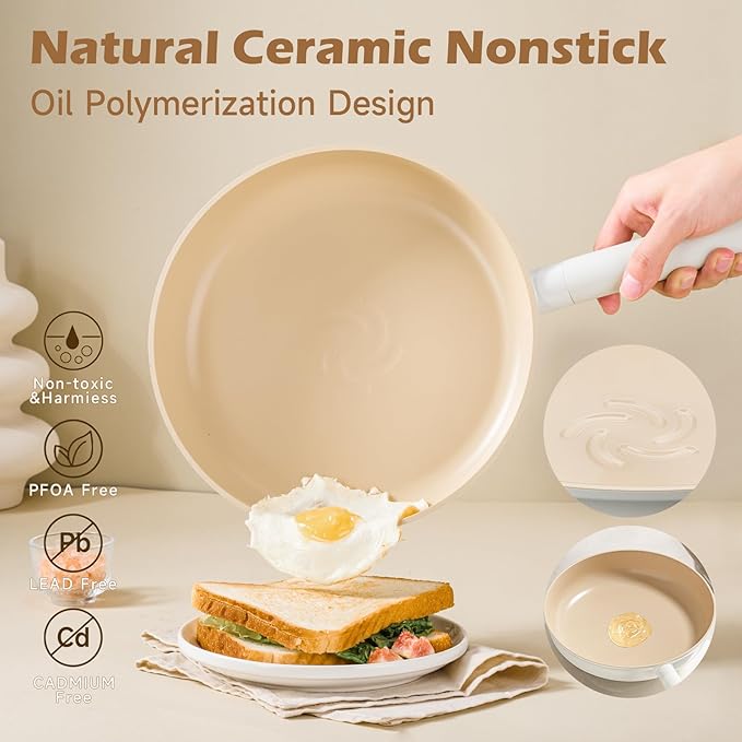 JEETEE Ceramic Cookware Sets 17pcs, Pots and Pans Set Non Stick, Healthy Induction Kitchen Cooking Set with Removable Handles, Stackable Pots Pans, Oven Safe, PFOA/PFOS Free, Beige