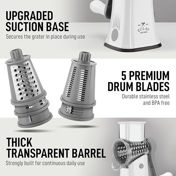 Zulay Kitchen Rotary Cheese Grater 5 Blade Cheese Shredder - Manual Hand Crank Cheese Grater With Reinforced Suction & 5 Interchangeable Drums - Easy to Use, Vegetable Chopper Round Mandoline Slicer