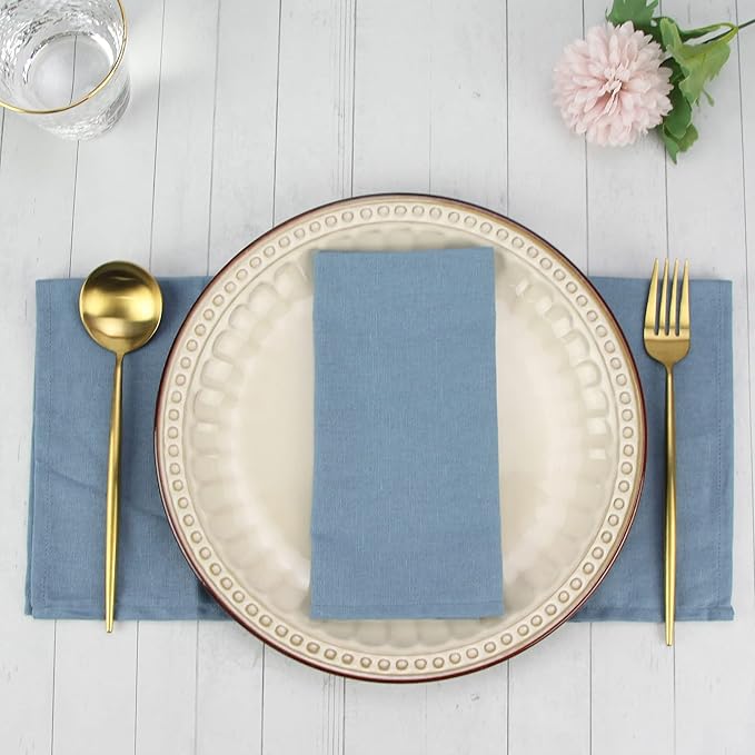 Solid Color Polyester Linen Blended Thin Dinner Cloth Napkins - Set of 12 (40 x 40 cm) - for Events & Home Use (Airy Blue)