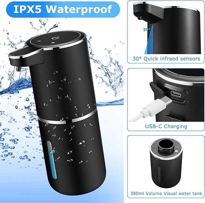 2 Pack Automatic Soap Dispensers,12.8oz/380ml USB Touchless Automatic Foaming Soap Dispenser,Rechargeabled Wall Mounted Smart Soap Dispenser for Bathroom Kitchen Dish Soap(Black)