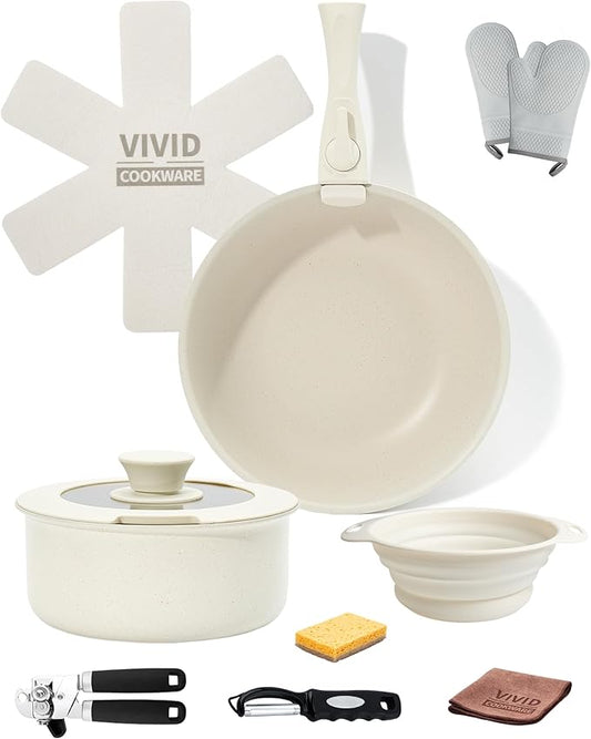 11Pcs Non Stick Pots and Pans Set | Ceramic Cookware Set with Detachable Handle | PFAS-Free, Oven & Induction Safe (White)