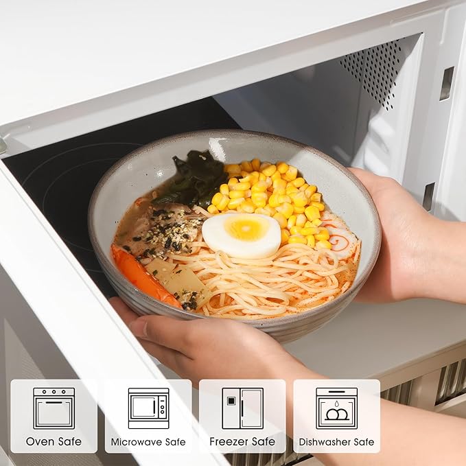 NUTRIUPS Set of 2 Ceramic Ramen Bowls with Spoons & Chopsticks, 40oz Large Soup Bowls for Udon, Miso, Noodles (Classic Stone Gray)