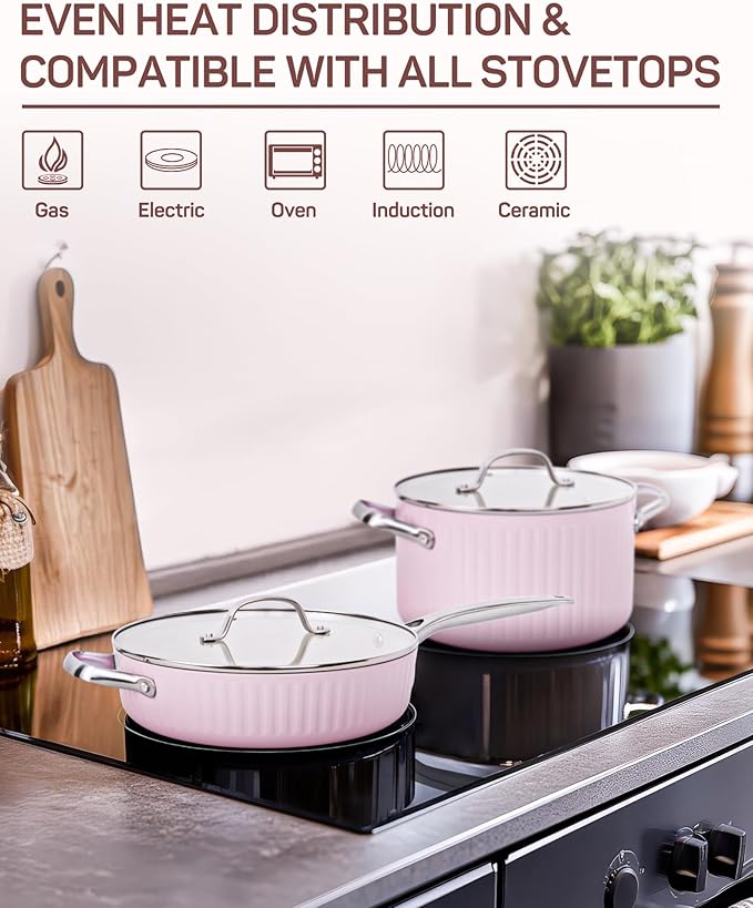 10Pcs Nonstick Cookware Set, Ciwete Tri-Ply Ceramics Cookware Set, Kitchen Pots and Pans with Stay Cool Ergonomic Handle, Dishwasher Safe, Oven Safe, Gift, Compatible with All Stovetop, Pink