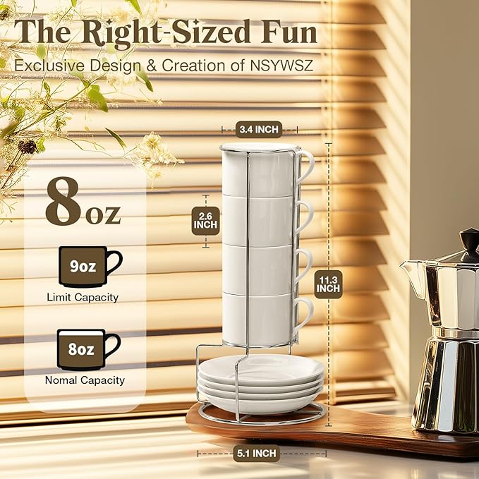 5 Ounce White Porcelain Stackable Espresso Cups with Stainless Steel Holder, Set of 4, Durable Ceramic, Perfect for Home, Office or Gift