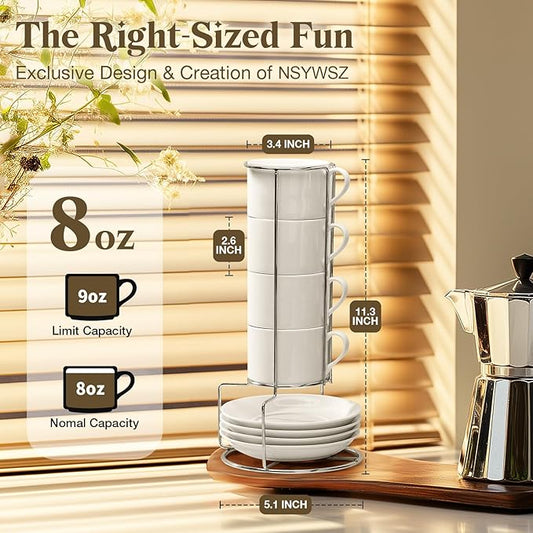 5 Ounce White Porcelain Stackable Espresso Cups with Stainless Steel Holder, Set of 4, Durable Ceramic, Perfect for Home, Office or Gift