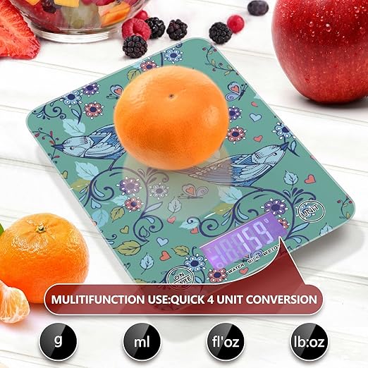 Food Scale Kitchen Digital Scale Food Ounces and Grams Dieting Baking Cooking Waterproof Glass Panels LCD Display,4 Units Scale Tare Function Bird