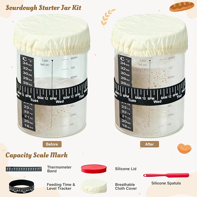 Sourdough Starter Kit, 33 Pcs Sourdough Bread Baking Supplies, 9 10 Inches Round&Oval Cotton Rope Banneton Bread Proofing Basket Set of 2, Beginner Friendly Bread Making Tools with Starter Jar