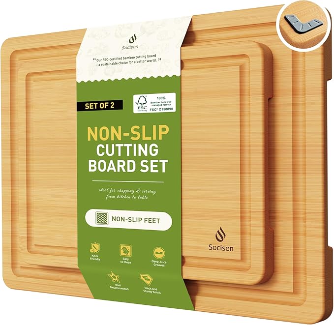 2 Piece Bamboo Cutting Board Set, Heavy Duty Wooden Boards with Juice Grooves & Easy Grip Handles, Ideal Chopping Boards for Meat, Cheese, Vegetables & Fruits Kitchen Gift