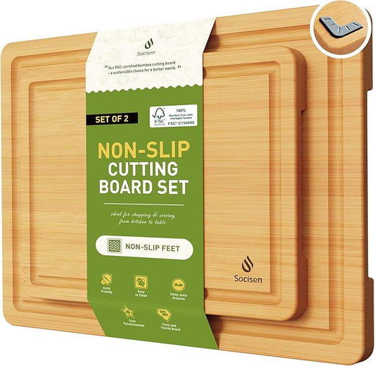 2 Piece Bamboo Cutting Board Set, Heavy Duty Wooden Boards with Juice Grooves & Easy Grip Handles, Ideal Chopping Boards for Meat, Cheese, Vegetables & Fruits Kitchen Gift