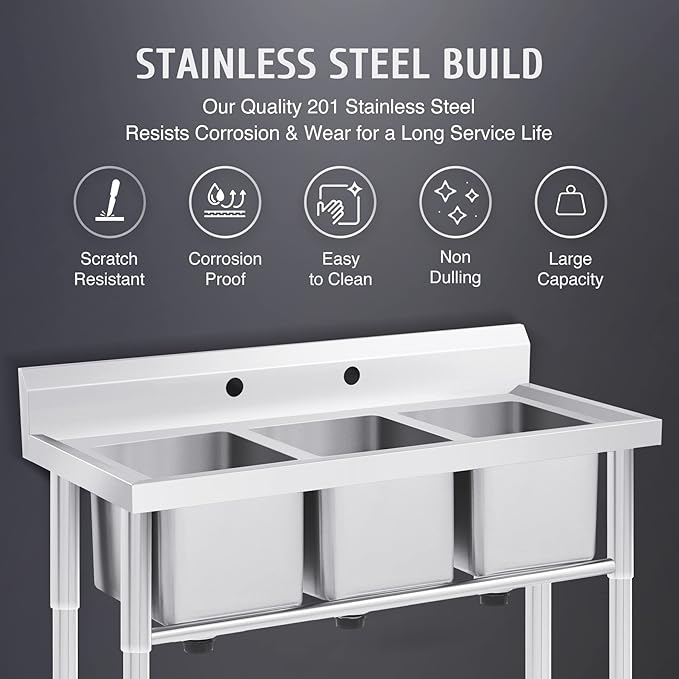 WILPREP Stainless Steel 3 Compartment Commercial Sink with s, Kitche Station with 11x10 Inch Basins, Utility Sink for Restaurant Bar Home Laundry Room Garage
