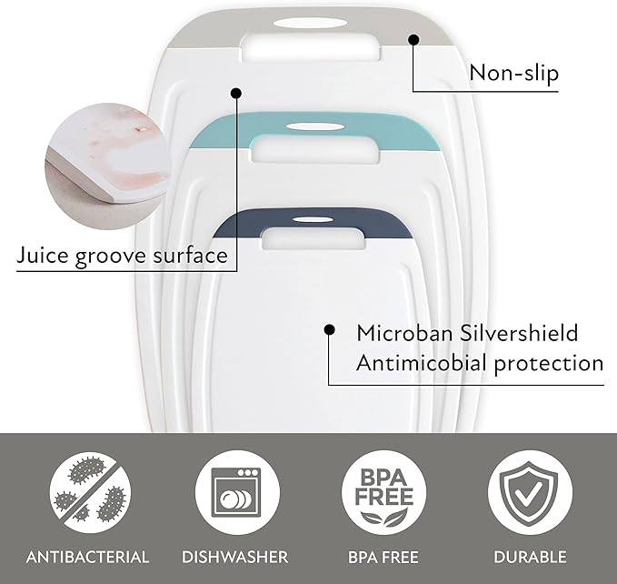 Neoflam Microban Protection Cutting Board 3 Piece Set, Stain & Odor/BPA Free, Reversable Board, Upgraded Larger Juice Groove, Non-Slip EZ Grip Handle, Dishwasher Safe,Grey