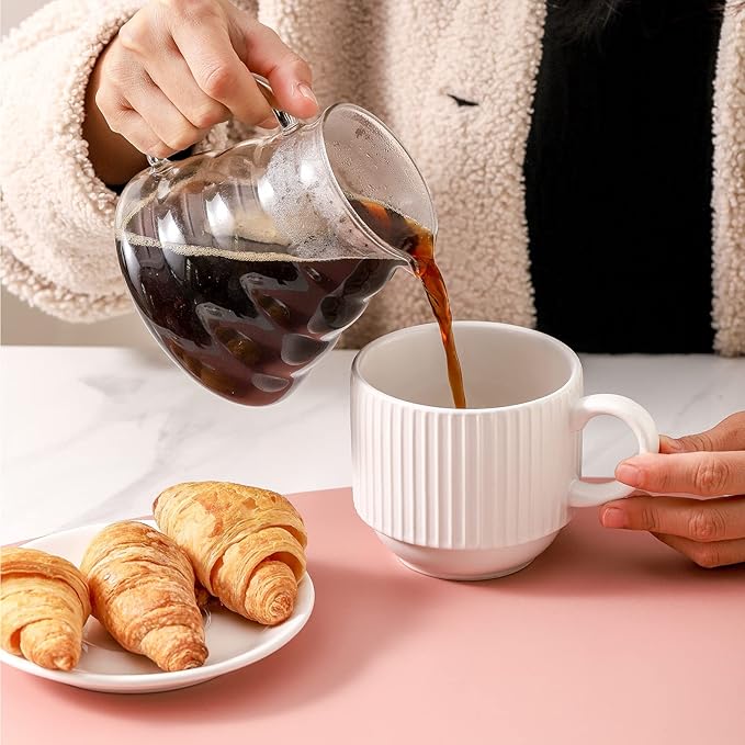 Hasense Coffee Cups Set of 4 with Stand, 15 OZ Stackable Coffee Mugs with Handle for Tea, Cocoa, Cappuccino, Latte and Americano, Porcelain Vertical Stripe Coffee Cups for Men and Women, Pure White