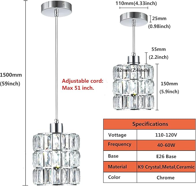 3 Pack Chrome Crystal Pendant Light, Mini Pendant Lights for Kitchen Island with Crystal Plate Metal Shade, Modern Concise Pendant Silver Fixture for Foyer Hallway, Dining Room