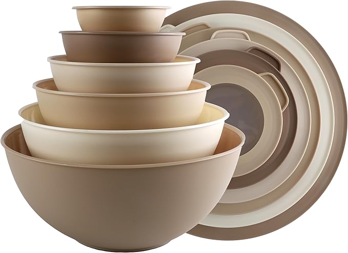 COOK WITH COLOR Mixing Bowls with TPR Lids - 12 Piece Plastic Nesting Bowls Set includes 6 Prep Bowls and 6 Lids, Microwave Safe (Brown)