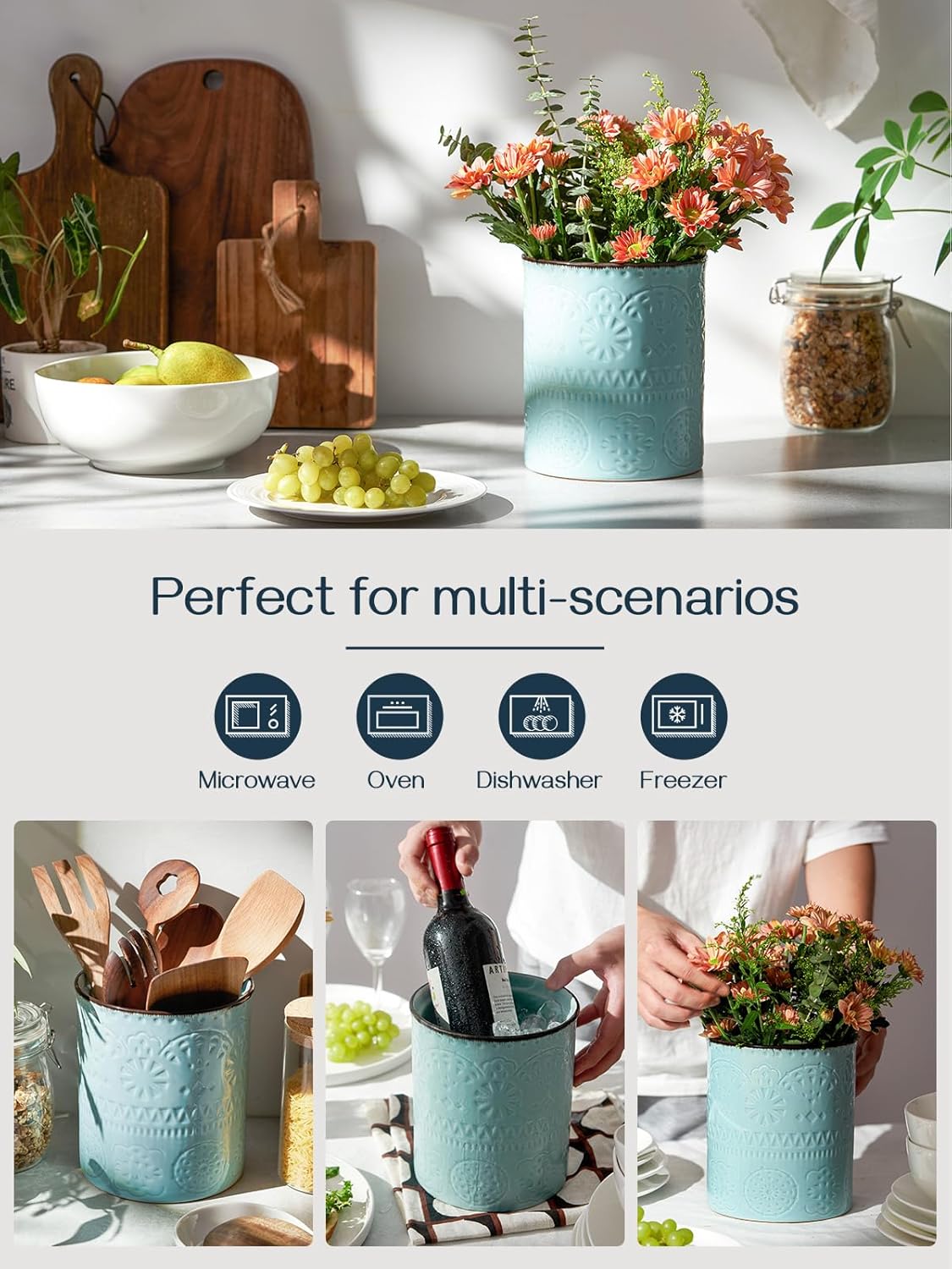 DOWAN 7.2" Kitchen Utensil Holder, Extra Large Farmhouse Utensil Holders for Countertop, Ceramic Utensil Crock, Anti Slip Cork Bottom (Blue, 7.2 Inch)