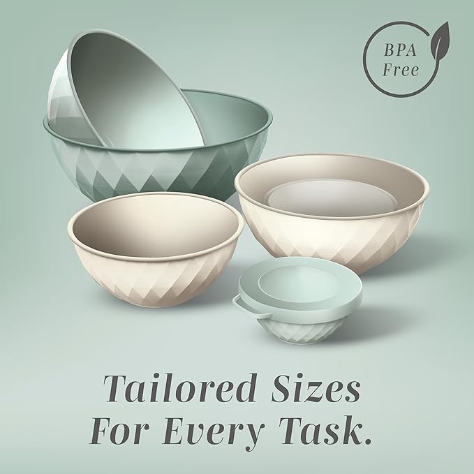 COOK WITH COLOR Mixing Bowls with Lids - 12 Piece Plastic Nesting Bowls Set includes 6 Prep Bowls and 6 Lids, Diamond Design - Microwave Safe, Mint