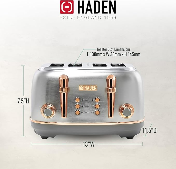 Haden Heritage 4 Slice Wide Slot Stainless Steel Toaster with Adjustable Browning Control & Non-Slip Feet, Steel & Copper