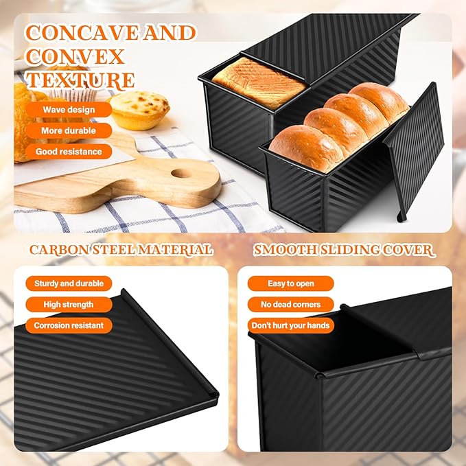 Pullman Loaf Pan Set with Lids – 2 Pack Nonstick Bread Pans for Baking, 2.2lb & 1lb Dough Capacity, Carbon Steel Sandwich Toast Mold for Shokupan, Pain de Mie & Sourdough with Baking Tools