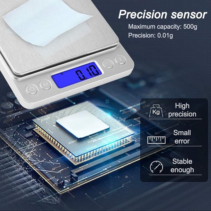 Digital Kitchen Scale with 2 Trays, Diyife 500g/0.01g High Precision Cooking Food Scale, Mini Gram Scale with LCD Display, 6 Units, Auto Off, Tare Function, Girls Gift (Batteries Included)