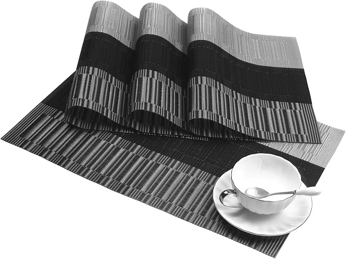SHACOS Woven Vinyl Placemats for Dining Table Set of 6 Non Slip PVC Bamboo Basket Weave Table Place Mats (6, Ombre Black Gray)