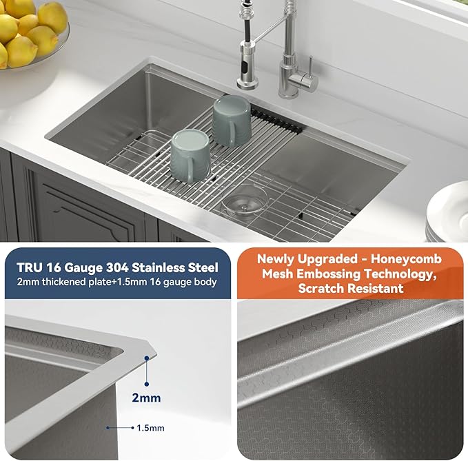 Lordear 33 Inch Undermount Kitchen Sink Honeycomb Finish 16 Gauge Stainless Steel Single Bowl Workstation Sinks Scratch Resistant Handmade Under Counter Sink Basin