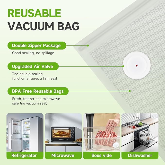 Vacuum Sealer Bags, 80 Reusable Vacuum Sealer Bags for Food, BPA-Free, Meal Prep and Sous Vide Cooking,Works for Handheld Sealer and Vac Sealer Machine with External Vacuum Systems