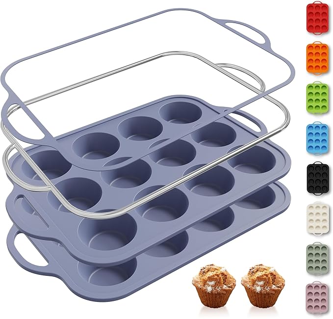 2 Packs 12 Cups Silicone Muffin Pan with Metal Reinforced Frame Regular Size Cupcake Pan Tray Egg Bites Silicone Circle Cookie Molds Muffin Tin Tart Pans Baking Sheet Set for Breakfast Sandwiches