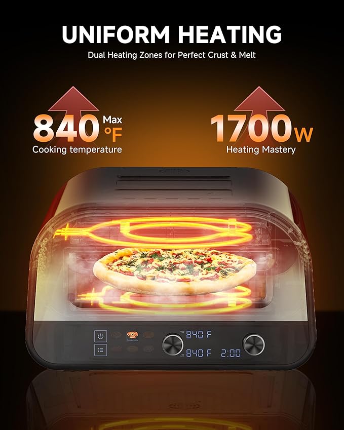 Upgraded indoor Pizza Oven 12 Inch Electric Countertop Pizza Oven with 6 Mode Heats up to 840°F Pizza Maker Pizza Cooker for Home Kitchen, Restaurants, Parties - Stainless Steel