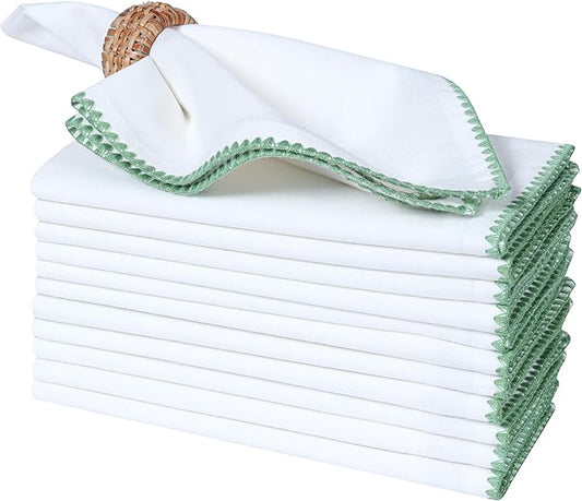 Bedding Craft Cotton Cloth Dinner Napkins Set of 12 – 18x18 Salted Lime with Colored Edge Embroidery – Washable Fabric Napkins for Wedding Table Décor, Parties, Restaurants & Everyday Dining