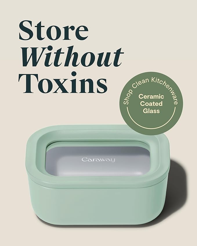 Caraway 6pc Glass Food Storage Set - 2.6 Cup Storage Containers For Food (6) - Non-Toxic Ceramic-Coated Glass - Air Release Technology - Compact & Stackable Design - Mist