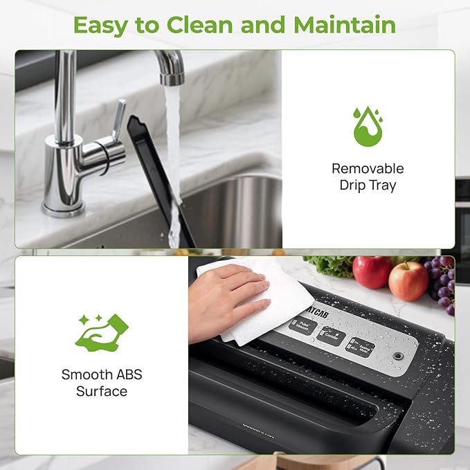 Vacuum Sealer for Food, 90kpa Powerful Automatic Food Sealer Vacuum Sealer for Dry/Moist, 6-in-1 Vacuum Sealer Machine for Food Saver, Easy Lock Handle | Removable Drip Tray | 10 Vacuum Bags