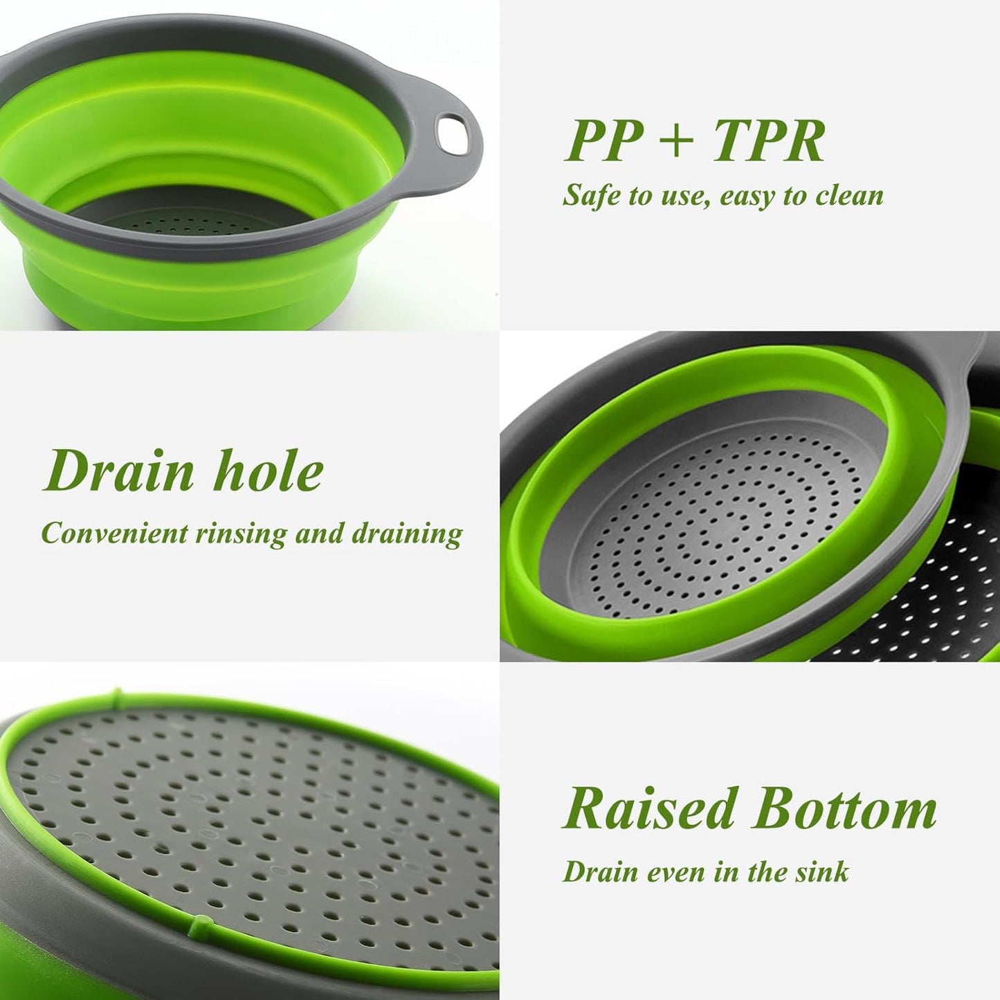Collapsible Colander Set of 3, Space-Saving Foldable Strainer for Kitchen, 3 Sizes Food Strainer for Draining Pasta, Vegetable and Fruit, Kitchen Gadgets for Home Use and Outdoor Camping (Green)
